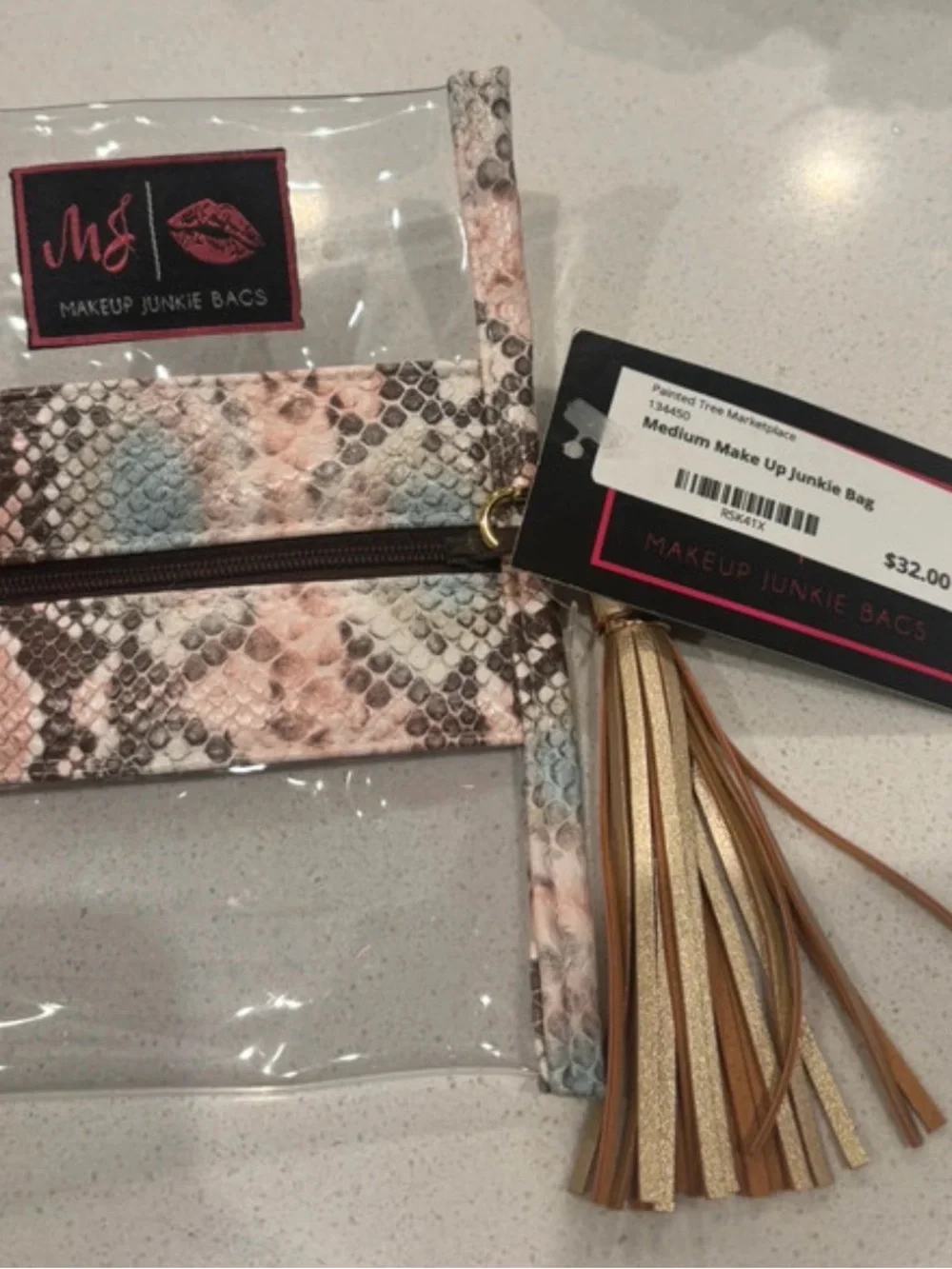 Makeup Junkie Bags Clear Cosmetic Pouch with Pink Snake-Print Trim